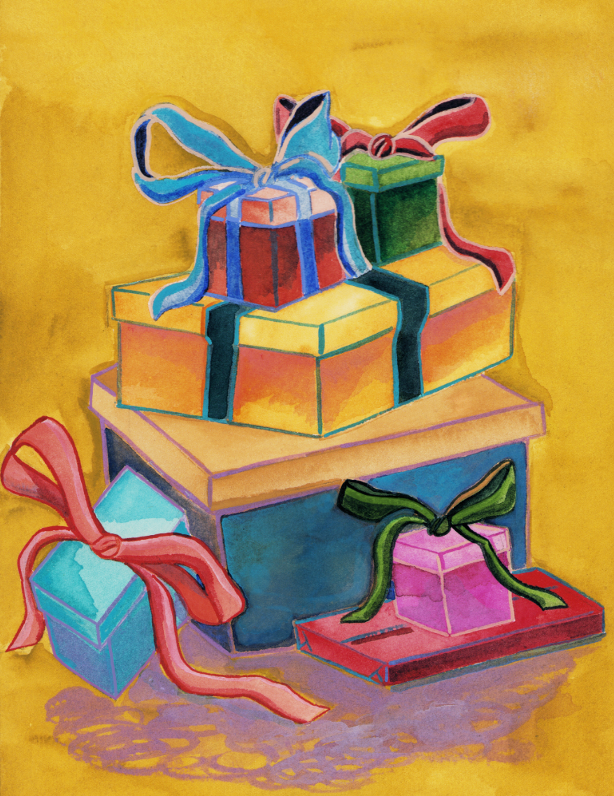 Stacked yellow Christmas presents