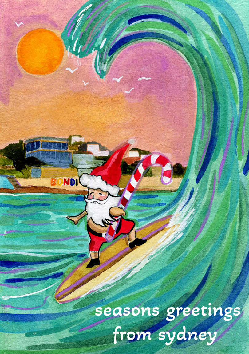 Surfing Santa "Seasons  Greetings from Sydney"